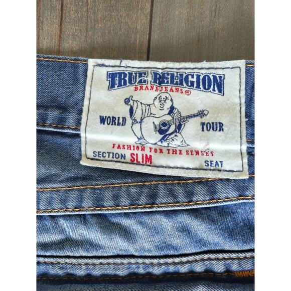 True Religion Mens Jeans 38 Slim Fit Blue Distressed Straight Leg Denim Casual - Picture 6 of 8